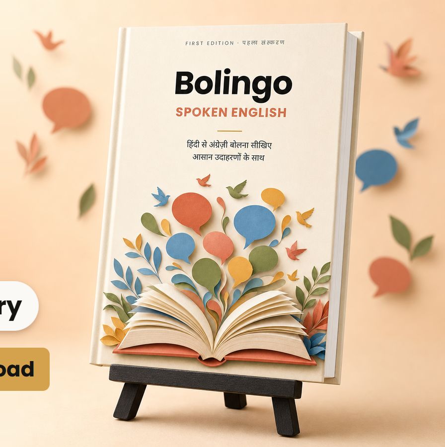 Bolingo Spoken English की किताब एक stand पर रखी हुई
