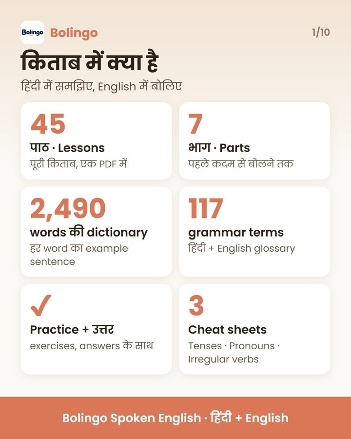 किताब में क्या है — 45 पाठ, 7 भाग, 2,490 words की dictionary, 117 terms की glossary और cheat sheets की जानकारी वाला page